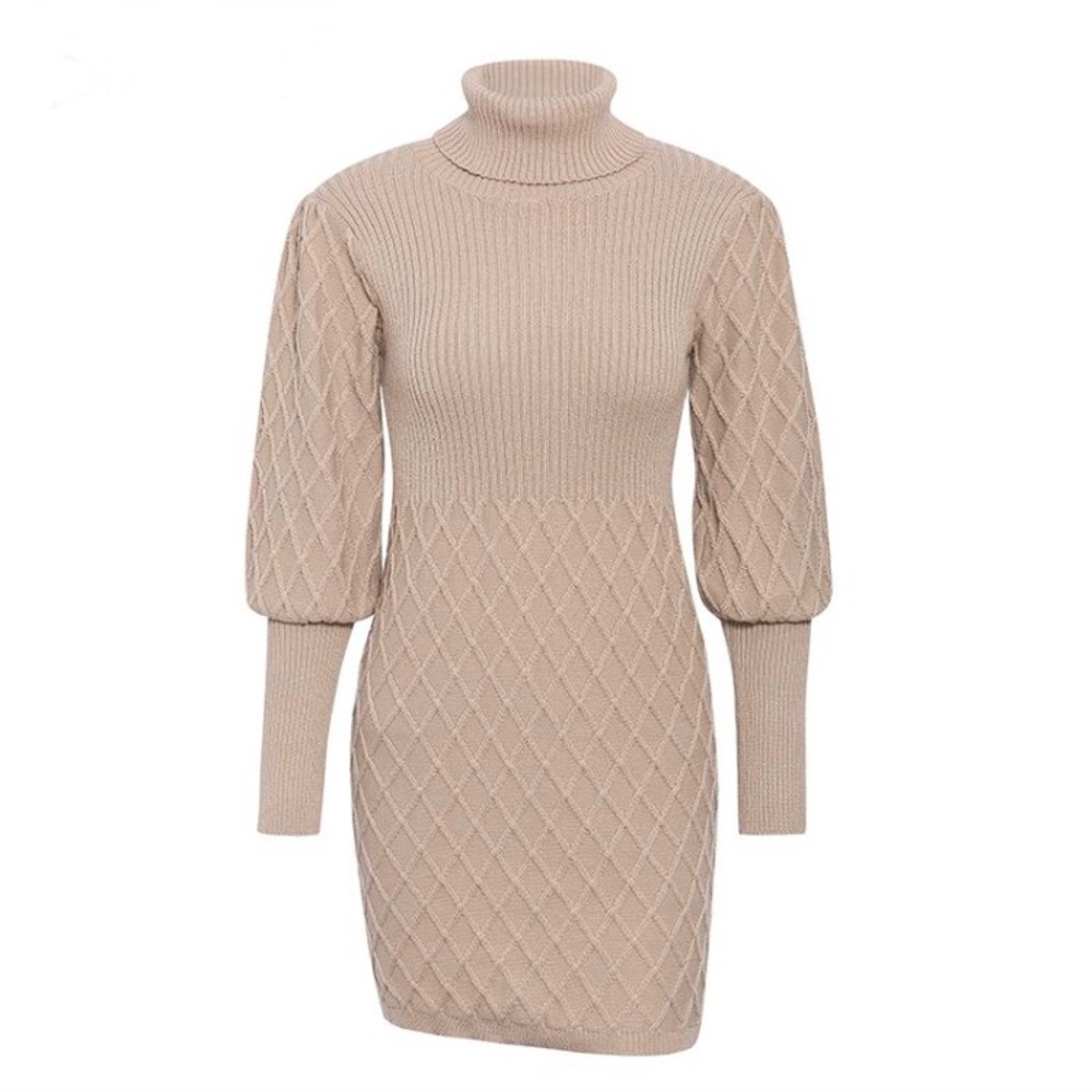 SOLD OUT CLEARANCE Beige Lantern Sleeve Turtleneck Knit Sweater Dress - Picture 3 of 6